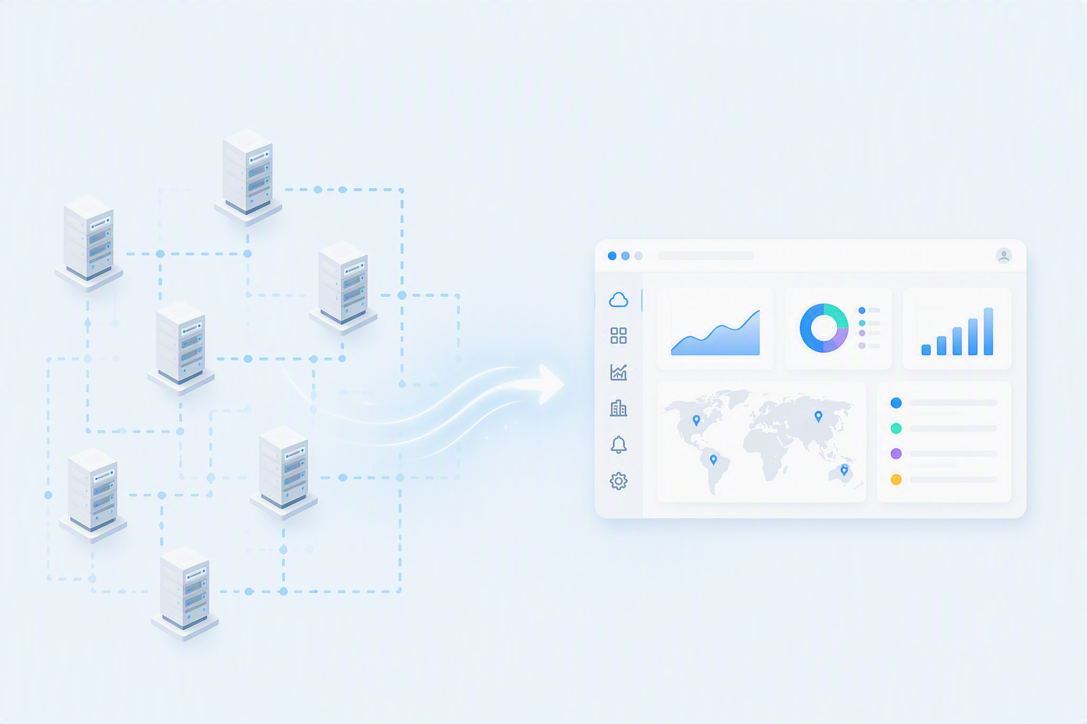 Illustration of on-premises servers connecting through a glowing arrow into a cloud-based analytics dashboard